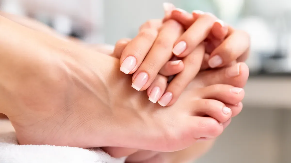 Gros plan sur des pieds et des mains féminins avec manucure soignée.