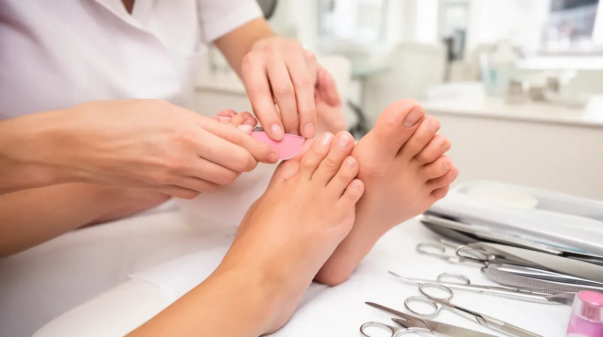 Soins des pieds par un professionnel de la santé dans un cabinet médical.