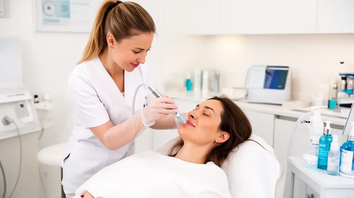 Une esthéticienne administrant un traitement de beauté à une cliente dans un cabinet médical.