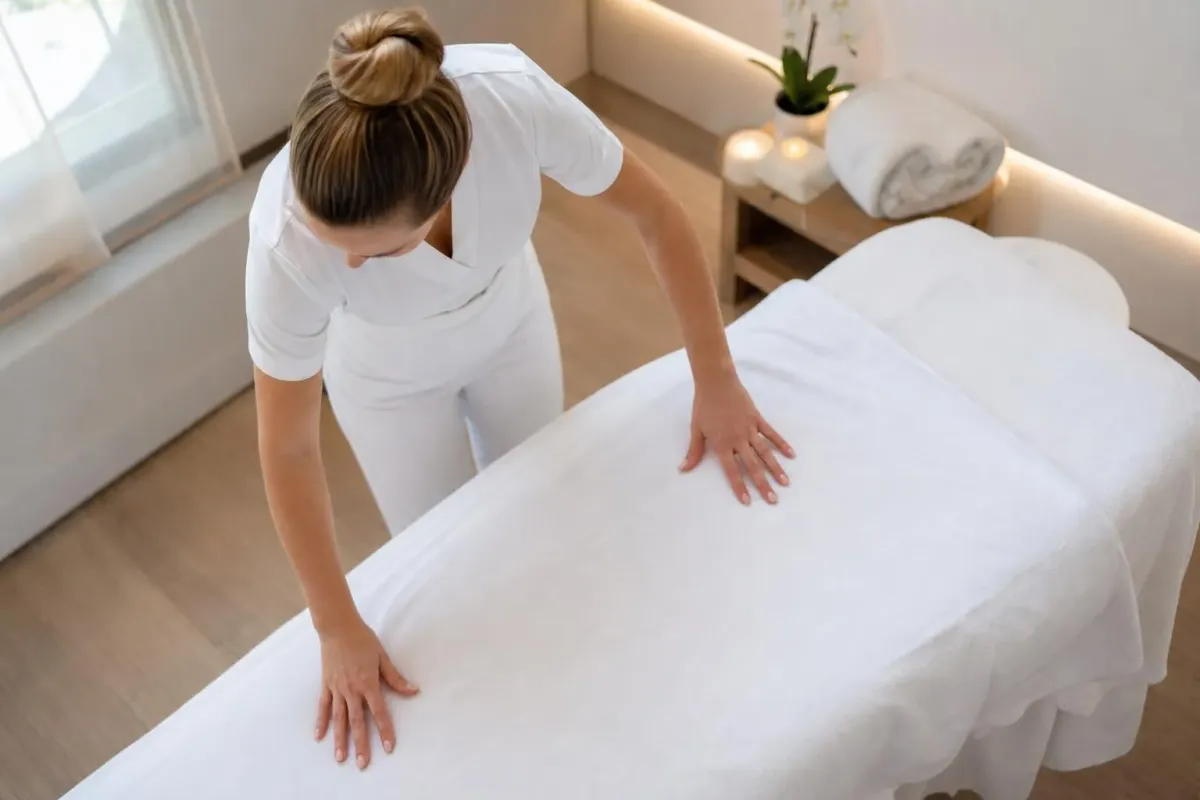 Femme en tenue blanche effectuant un massage dans un salon de beauté.