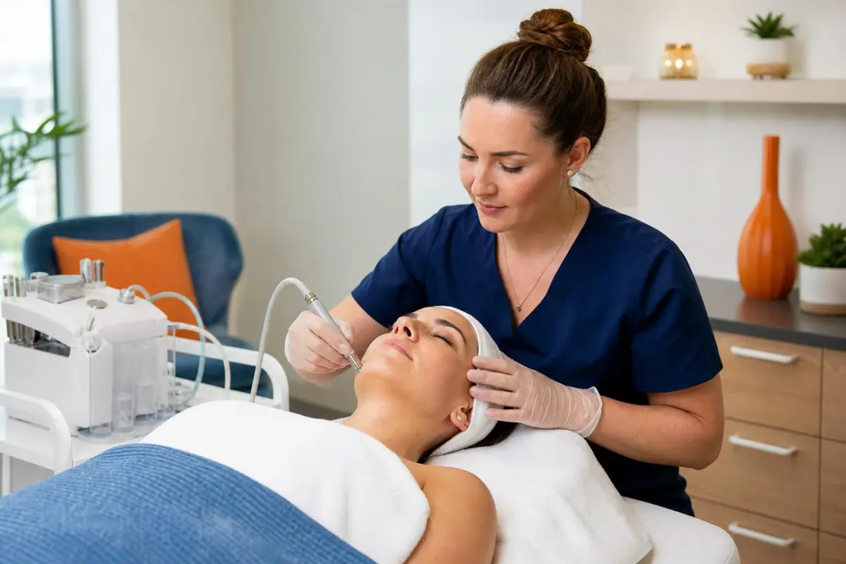 Une esthéticienne effectuant un traitement de soin du visage sur une cliente.