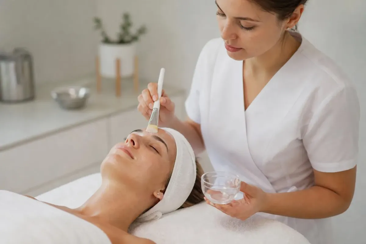 Une esthéticienne applique un soin du visage à une cliente allongée.