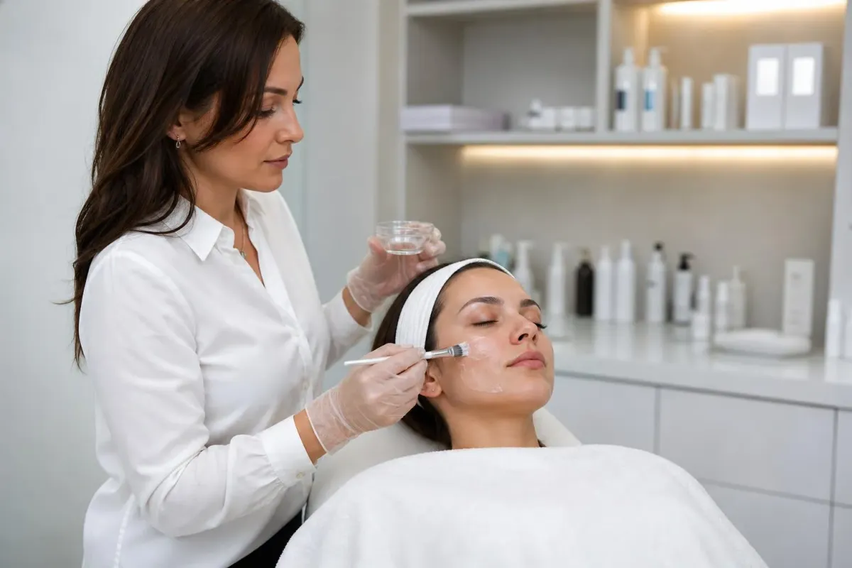 Femme appliquant un soin cosmétique sur le visage d'une cliente dans un salon de beauté.