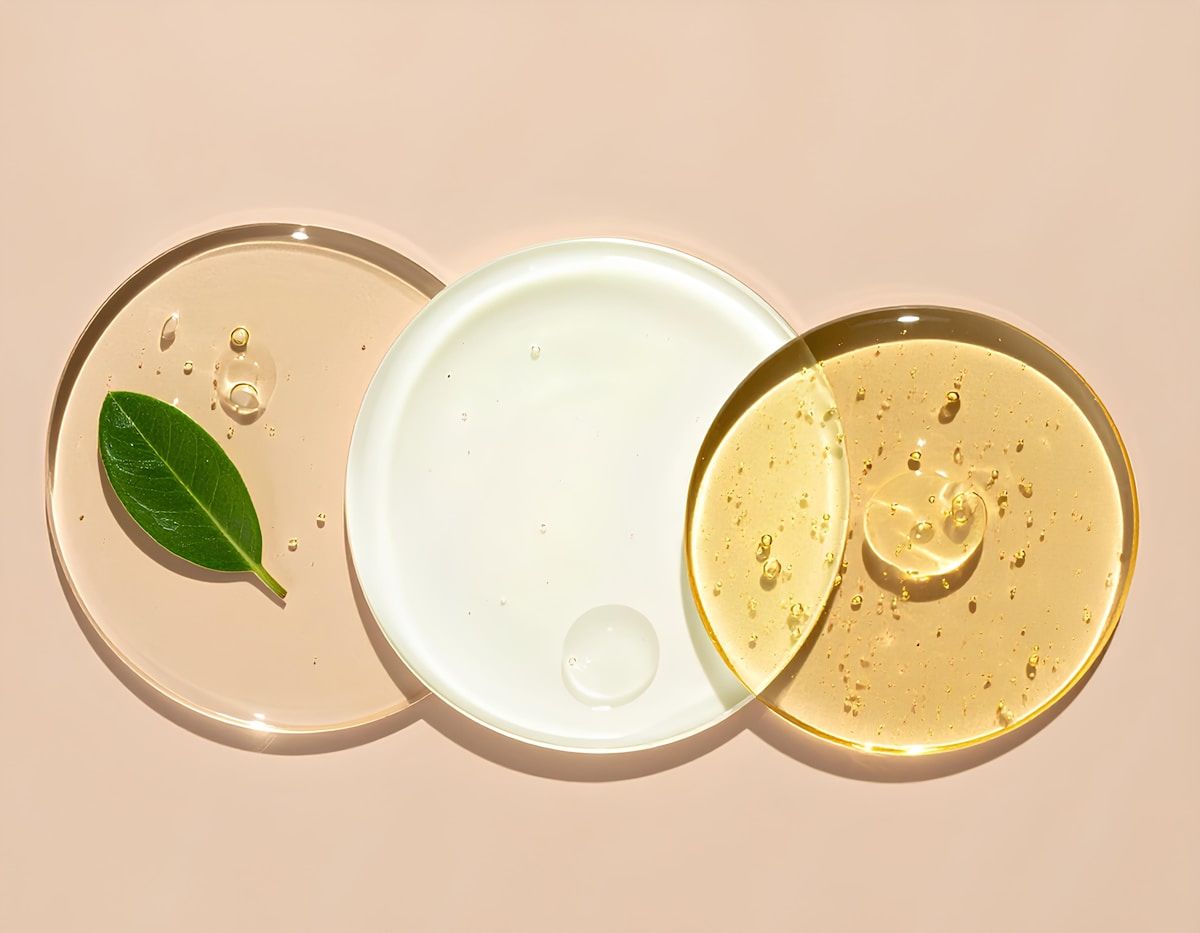 Trois récipients transparents contenant des liquides dorés et une feuille verte.