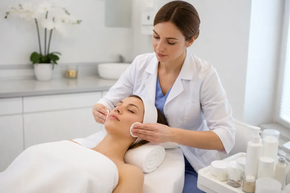 Femme médecin effectuant un traitement facial sur une patiente allongée.
