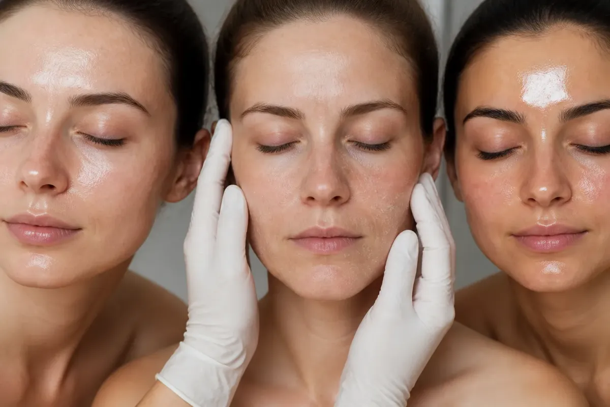 Trois visages féminins recevant un traitement de soin de la peau.