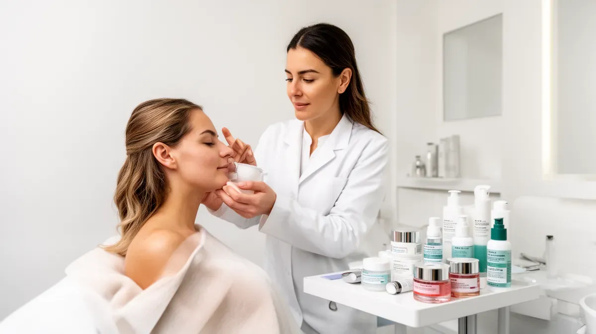 Une esthéticienne applique un produit cosmétique sur le visage d'une cliente.