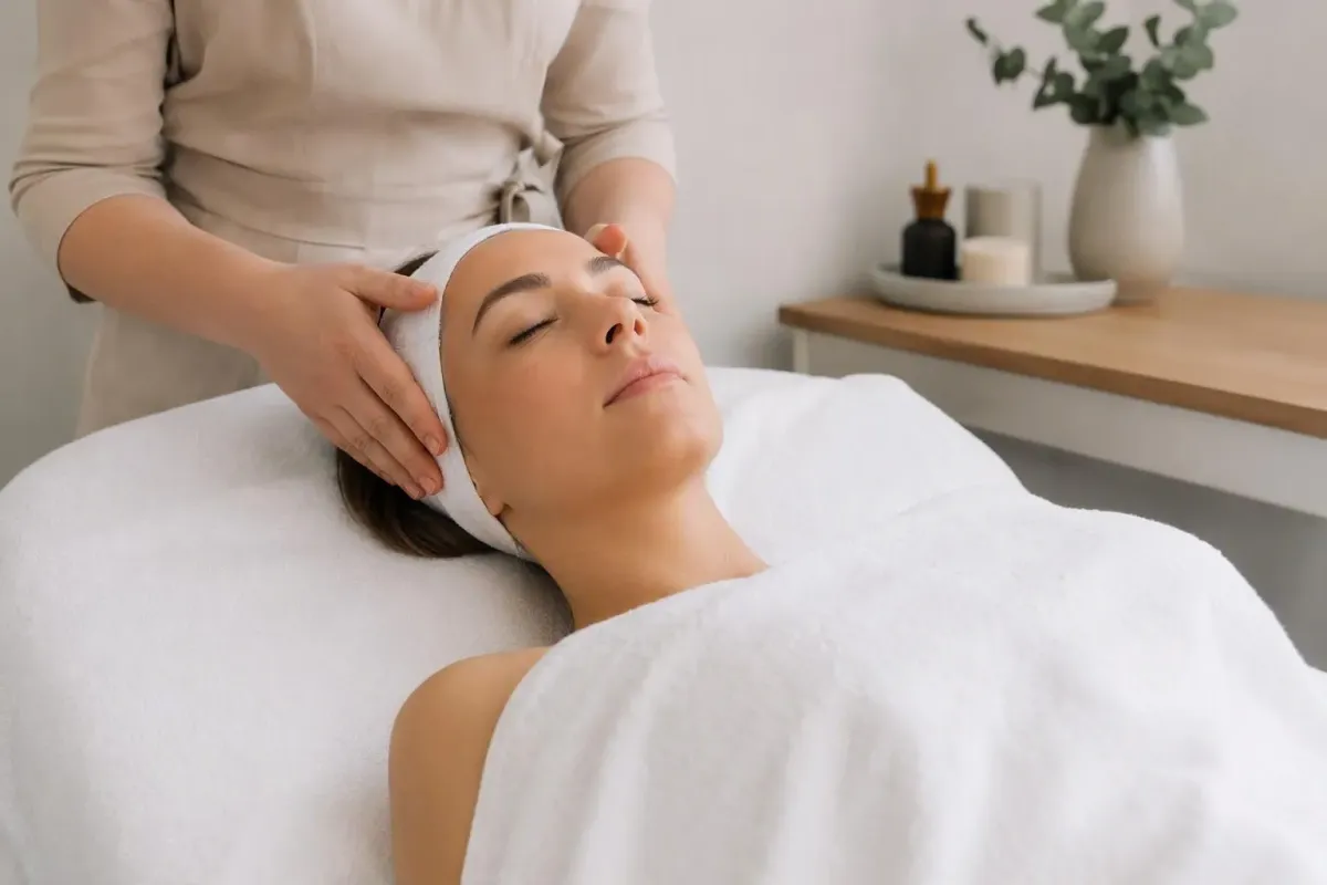 Femme recevant un massage facial relaxant dans un salon de beauté.