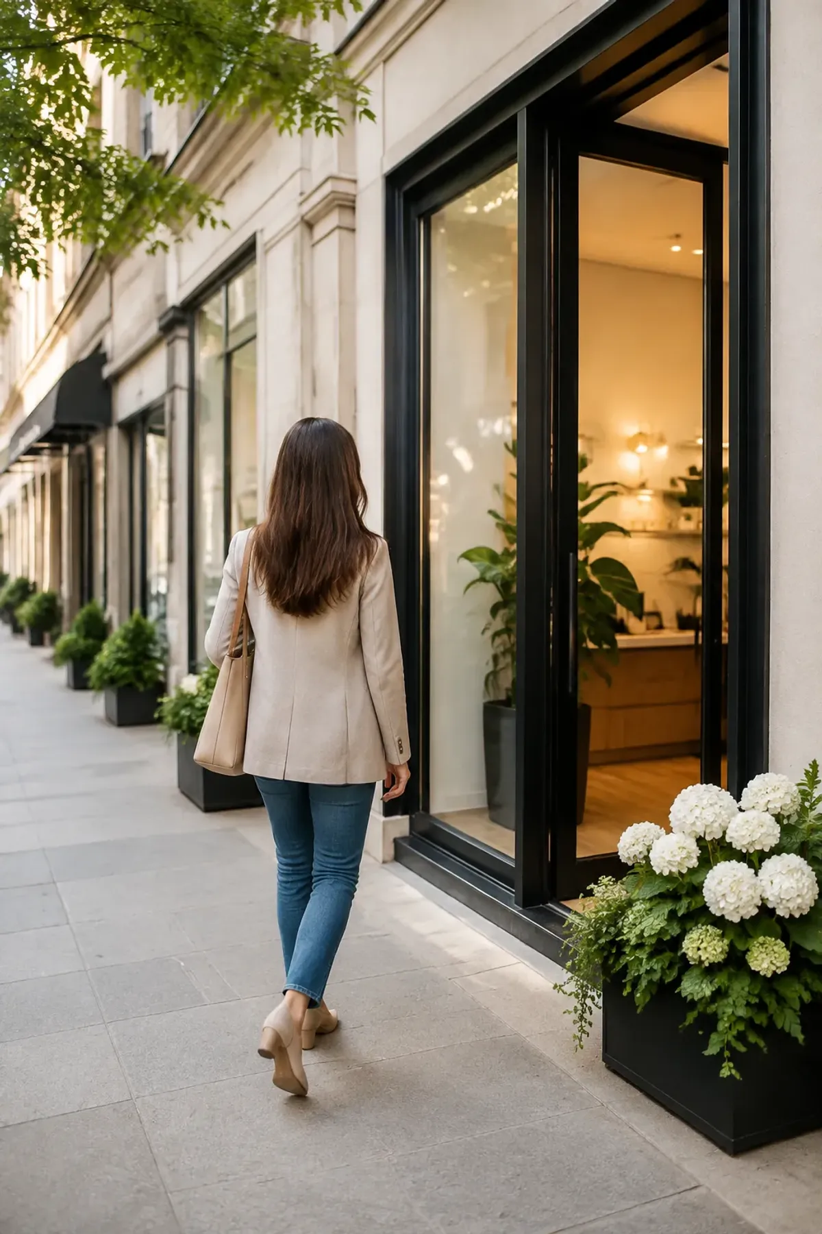 Femme marchant dans une rue urbaine, devant une vitrine éclairée.