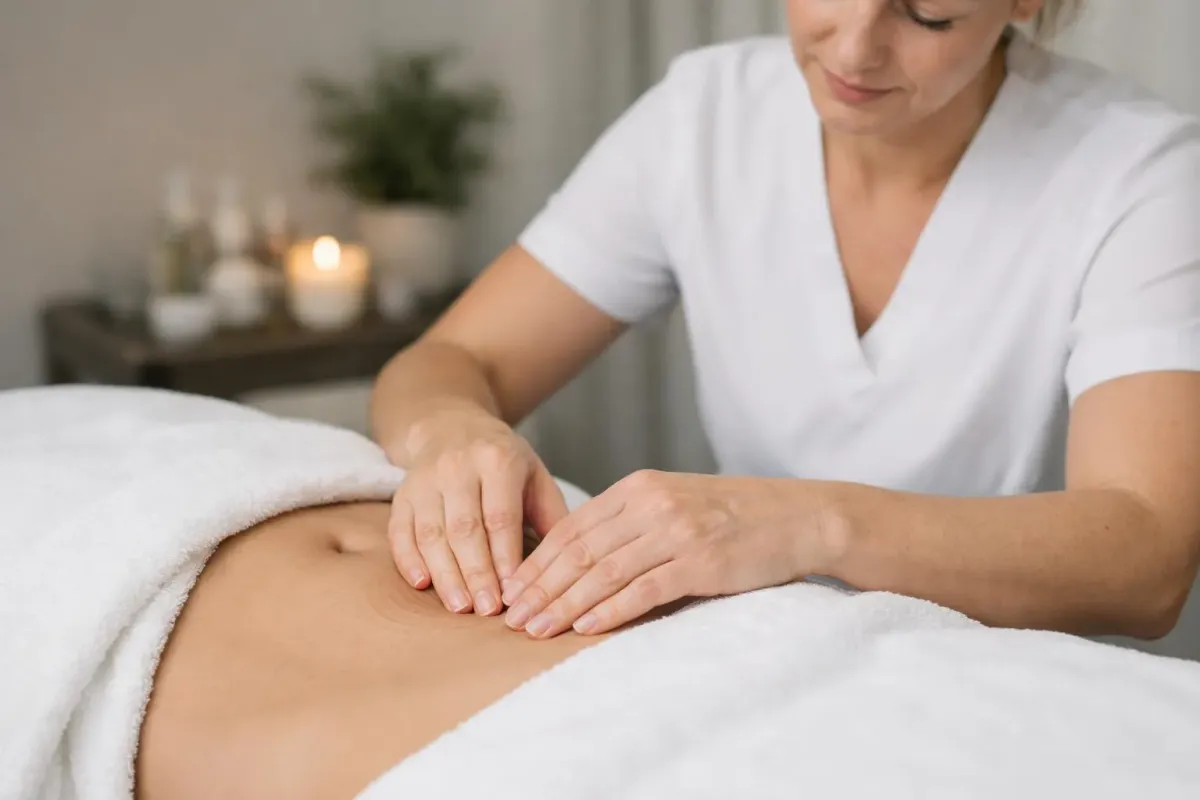 Femme en blouse blanche massant le ventre d'une personne allongée sur une table de massage.