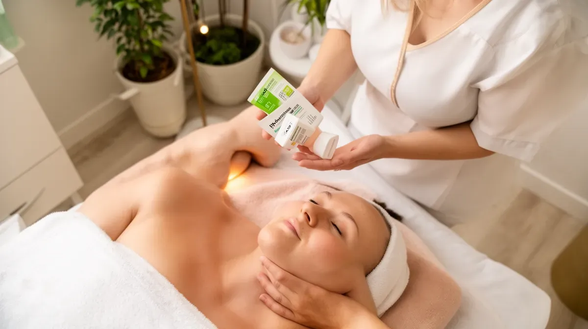 Femme recevant un traitement de soins de la peau dans un salon de beauté.