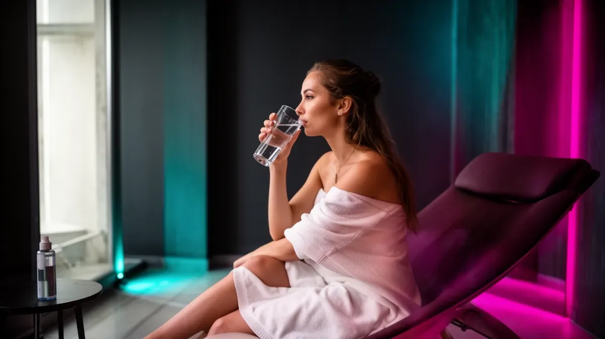 Femme buvant un verre d'eau dans un environnement lumineux et coloré.