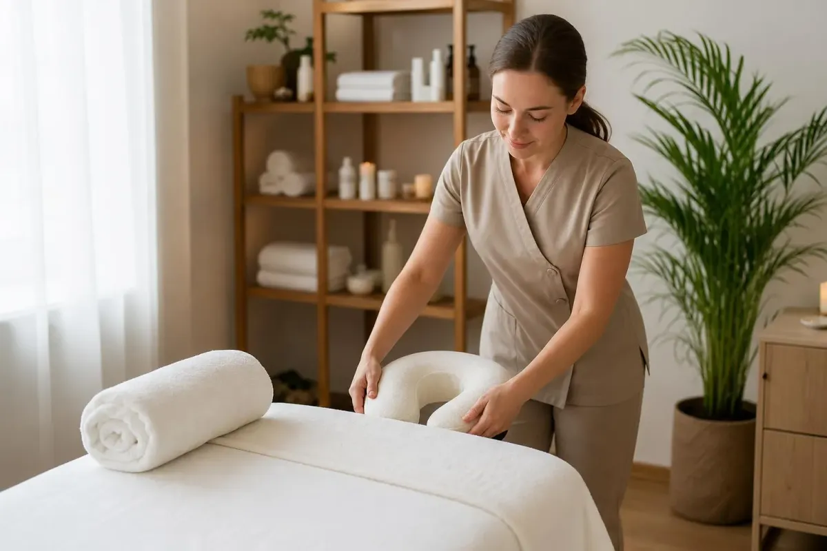Masseuse préparant une table de massage dans un salon de beauté.
