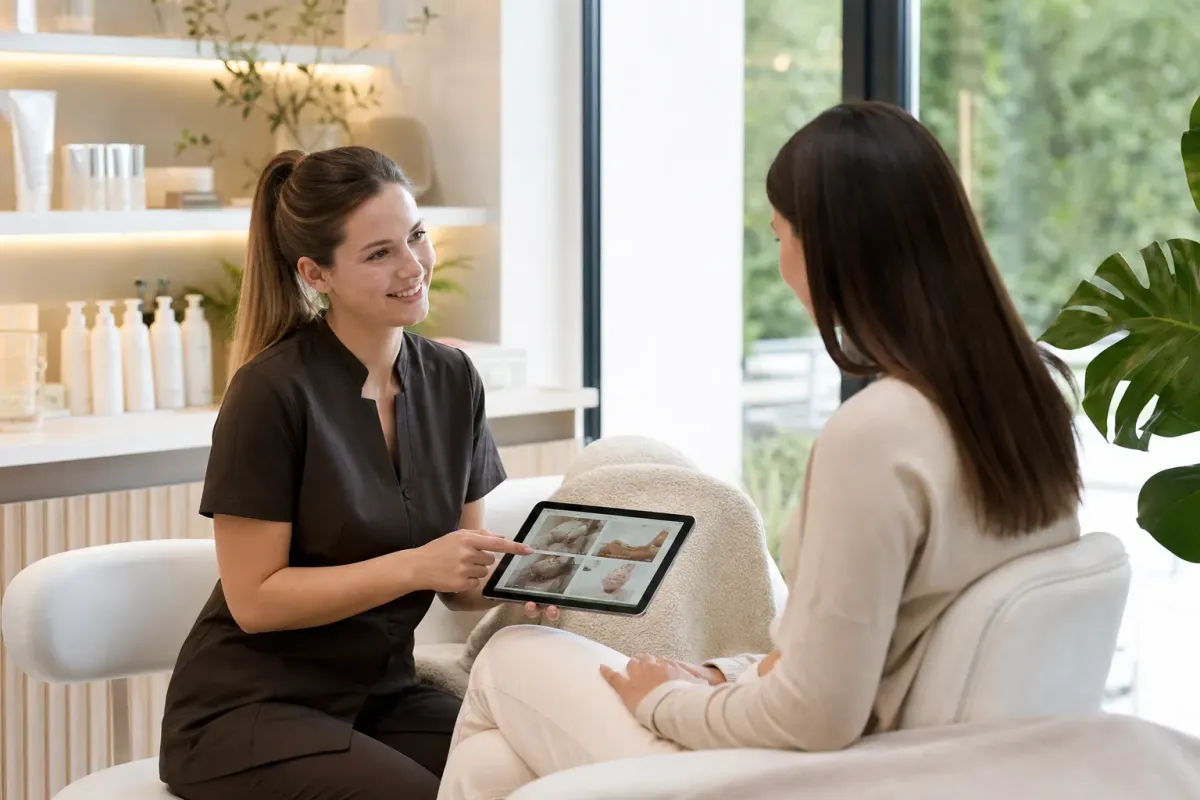 Deux femmes en discussion, l'une montrant une tablette à l'autre dans un salon confortable.