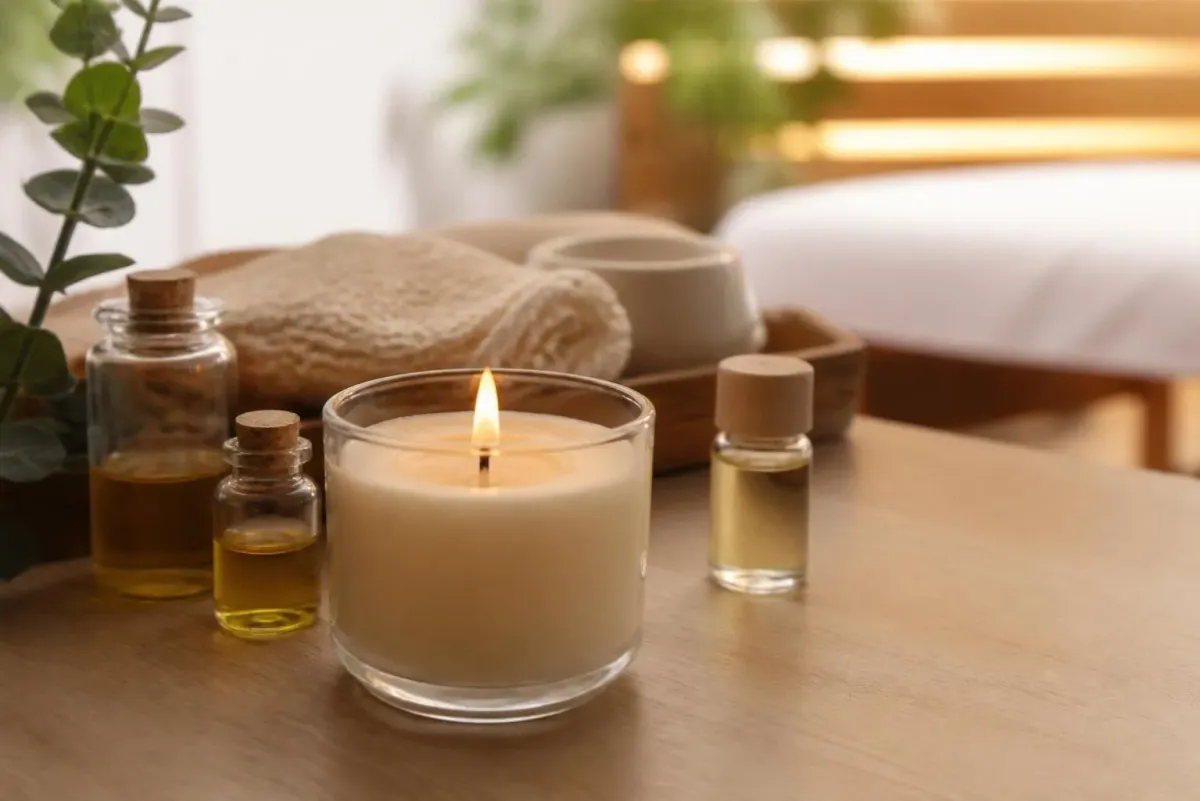 Bougie allumée, huiles essentielles, serviette et accessoires de spa sur table en bois.