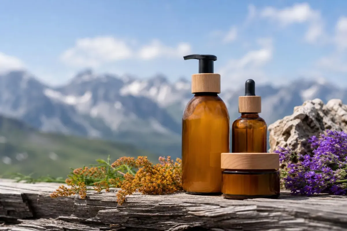 Bouteilles d'huile essentielle sur une terrasse avec montagnes en arrière-plan.