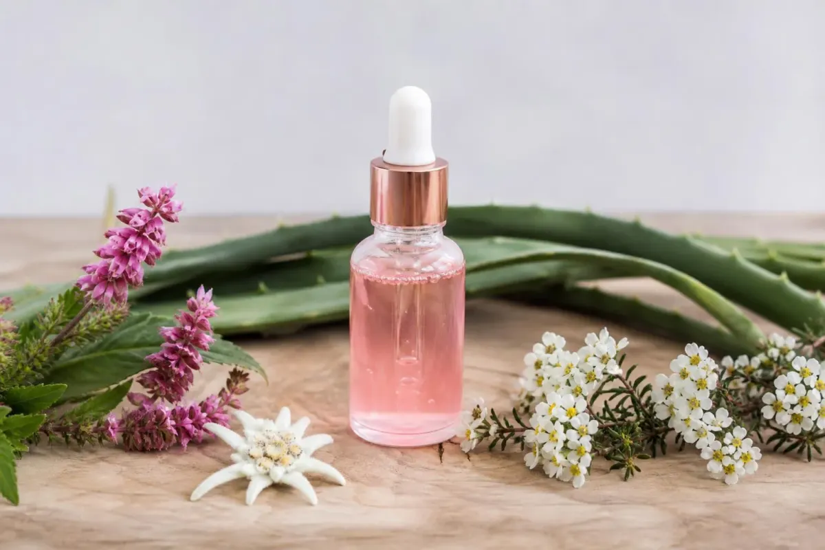 Flacon de sérum cosmétique rose entouré de fleurs et de feuilles.