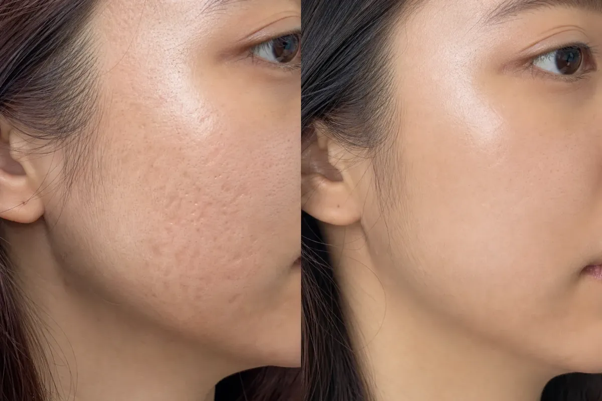 Gros plan sur le visage d'une femme avec peau lisse et uniforme.