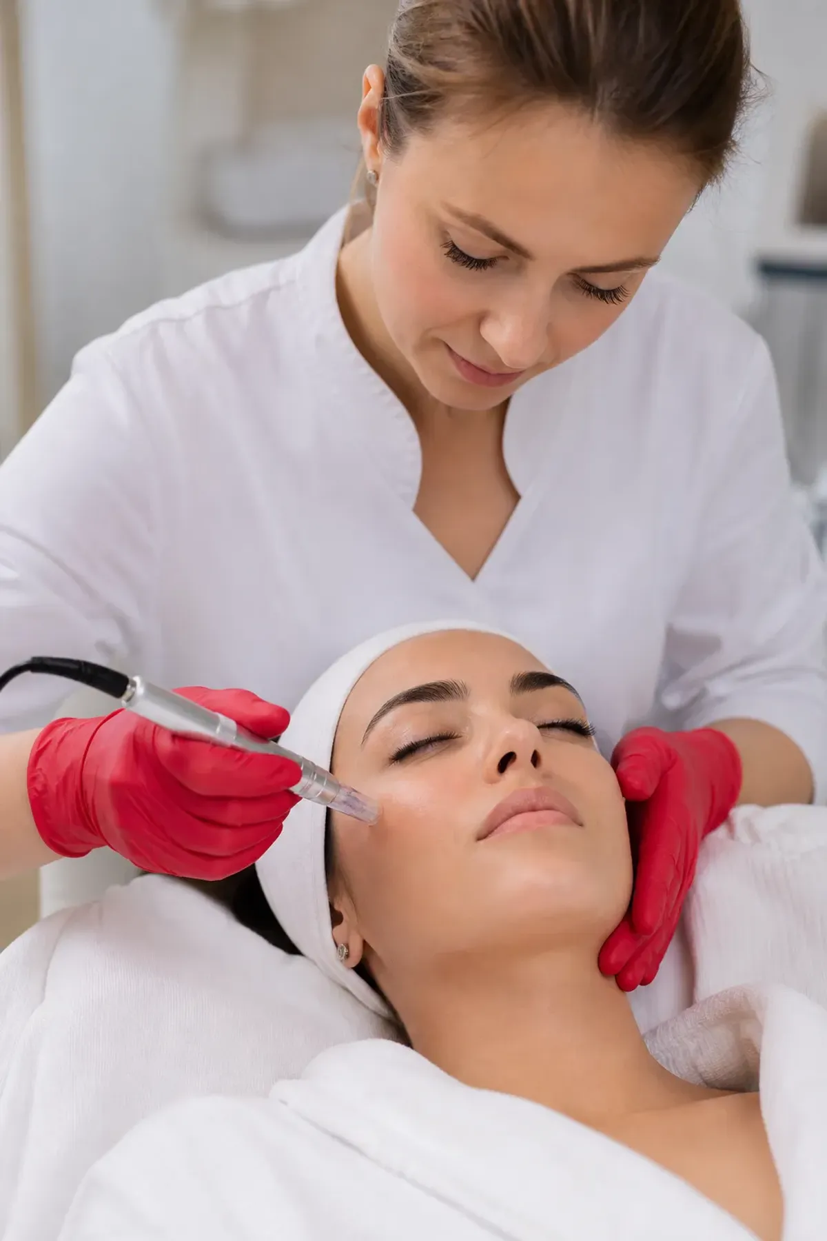 Femme recevant un traitement de soin du visage par une esthéticienne.