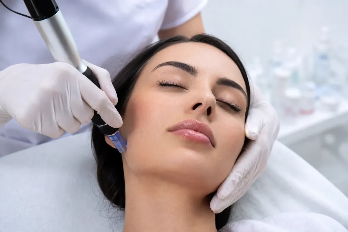 Femme subissant un traitement esthétique facial dans un salon de beauté.
