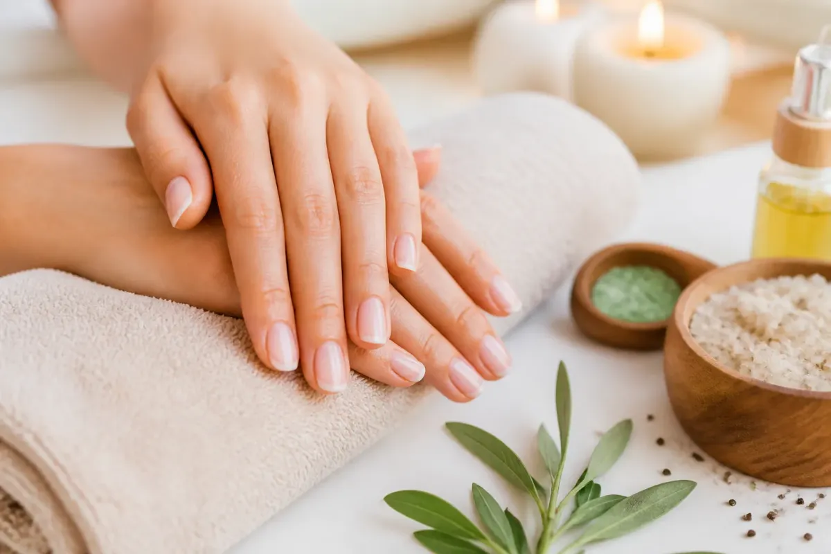 Mains féminines manucurées sur une serviette, avec des accessoires de spa.