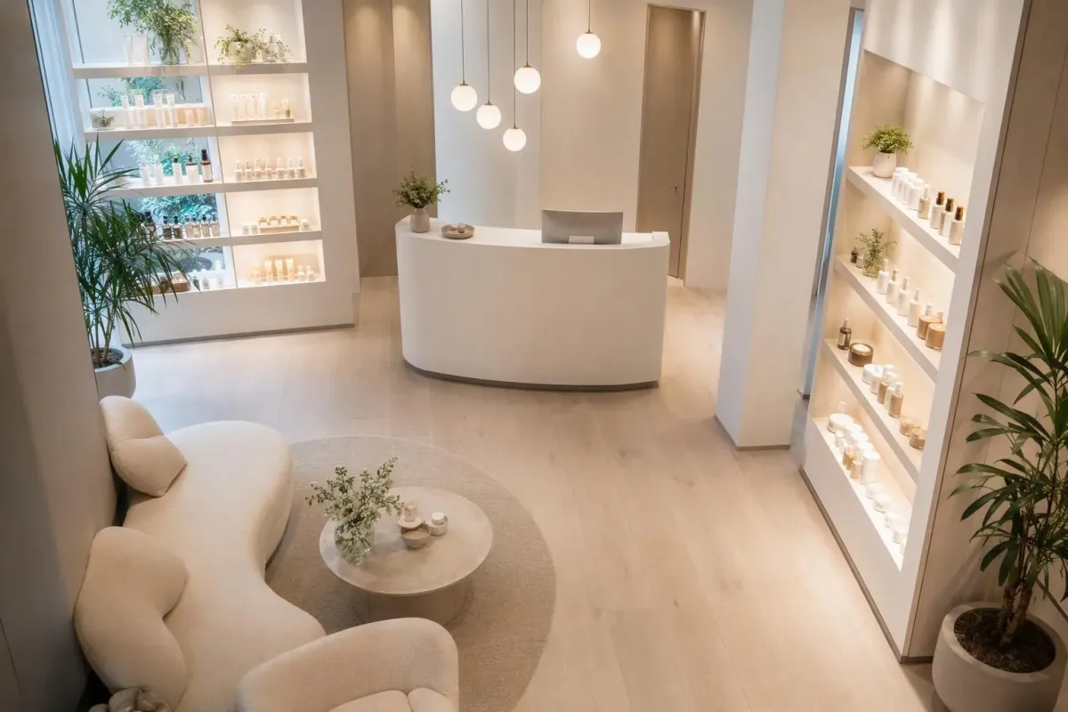 Salon de beauté moderne avec comptoir d'accueil, étagères de produits et éclairage élégant.