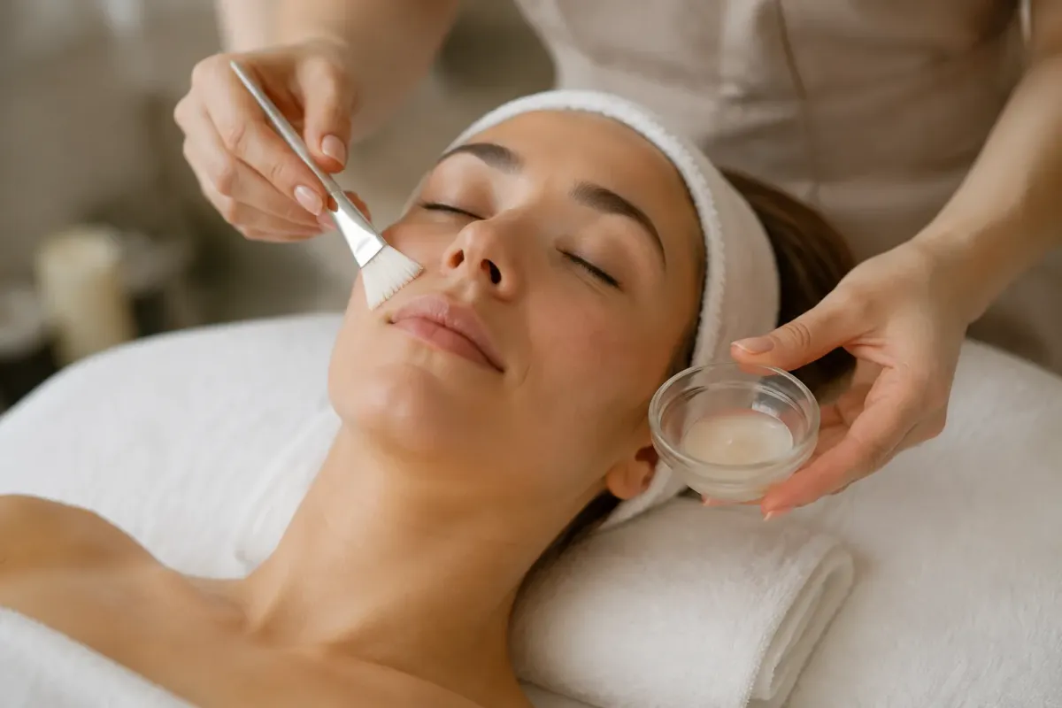 Femme recevant un traitement de soin du visage dans un salon de beauté.