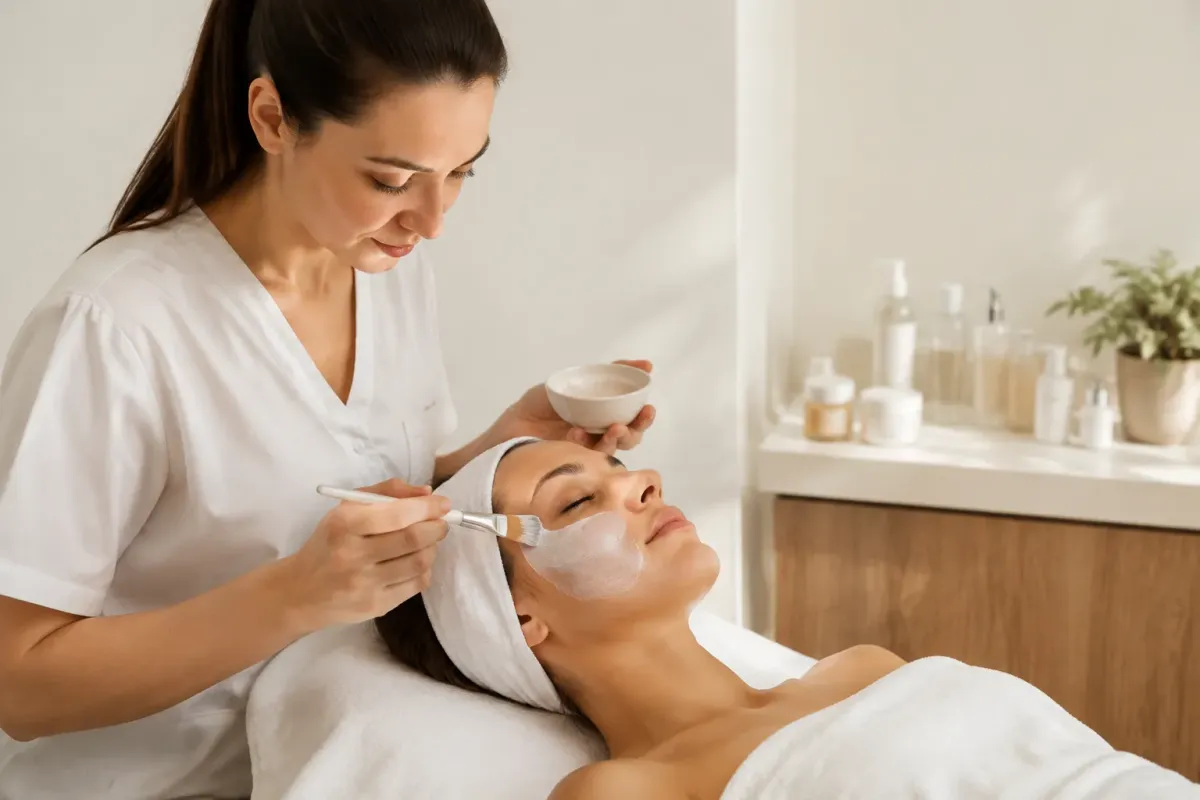 Femme appliquant un masque facial à une cliente dans un salon de beauté.