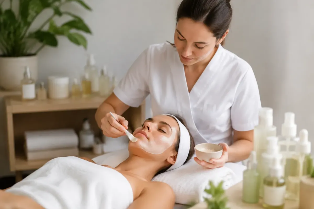 Femme recevant un soin du visage dans un salon de beauté.