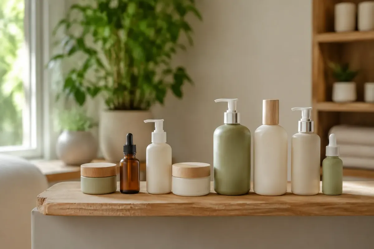 Produits cosmétiques naturels sur une étagère en bois avec plante verte.