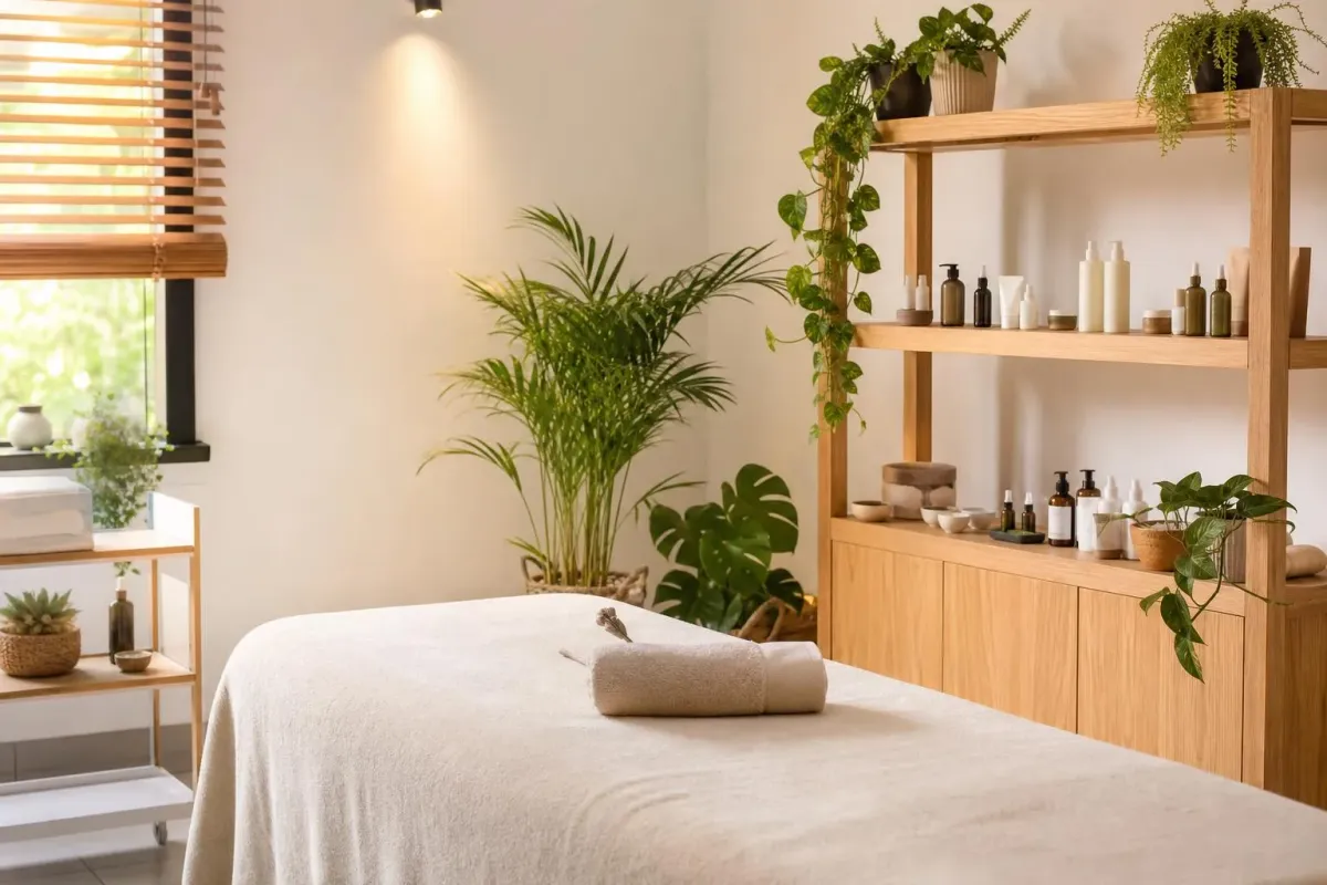 Salle de massage spa avec plantes vertes et étagères en bois.