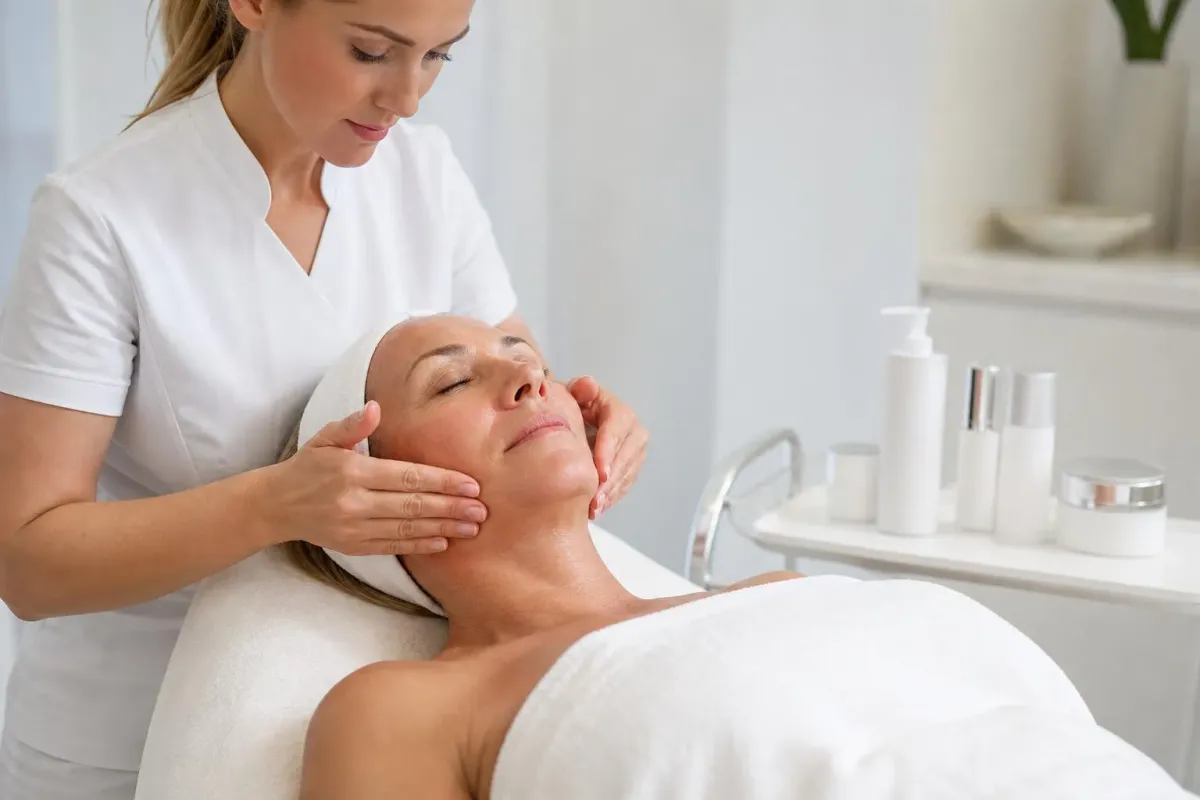 Femme en blouse blanche massant le visage d'une cliente allongée.