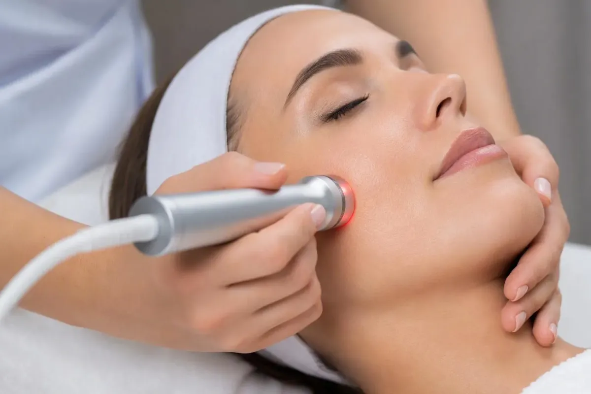 Femme recevant un traitement de soin du visage par appareil esthétique.