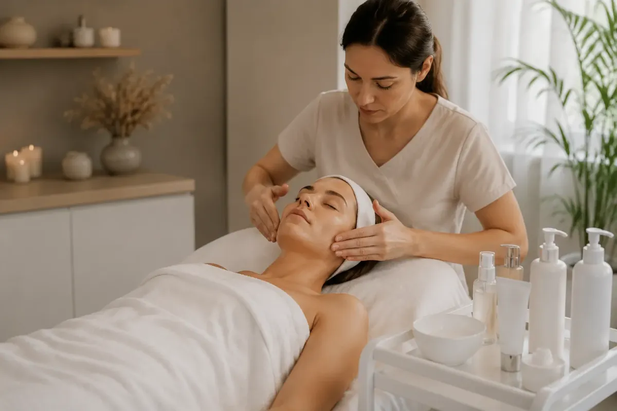Femme recevant un soin du visage dans un salon de beauté.