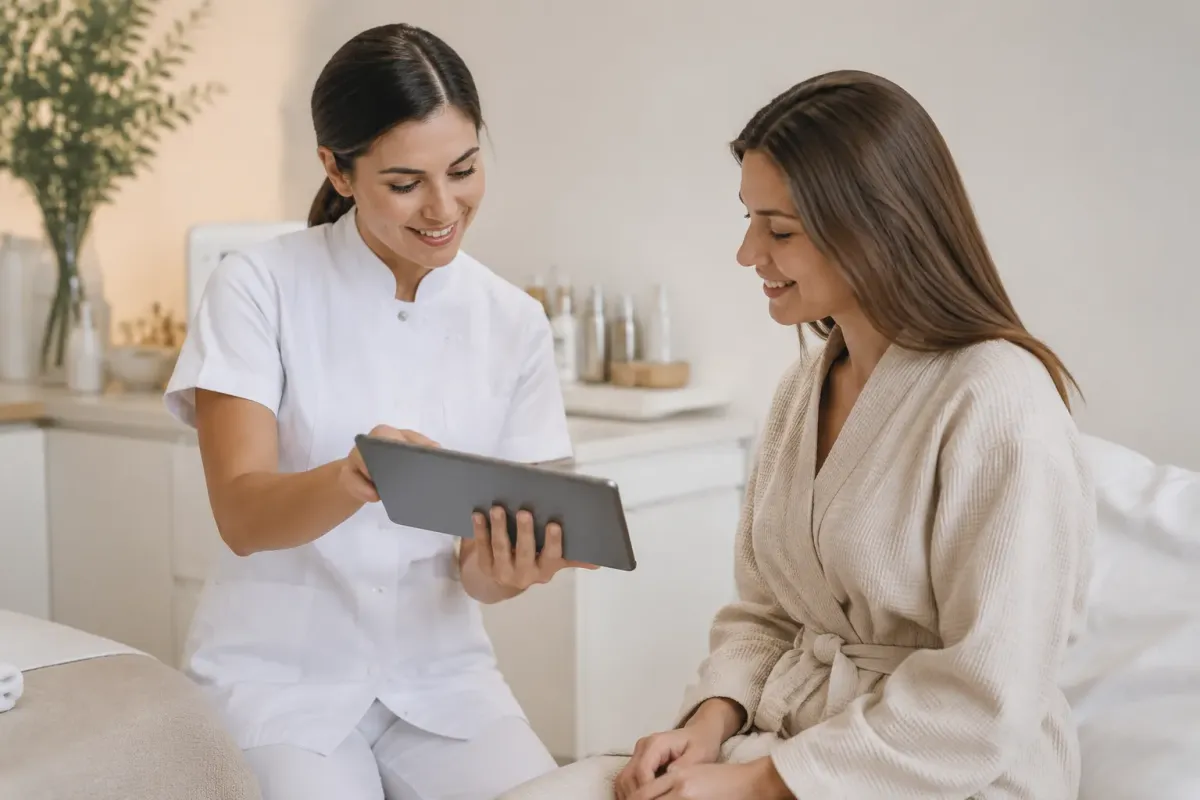Deux femmes souriantes discutant avec une tablette numérique dans un environnement médical.