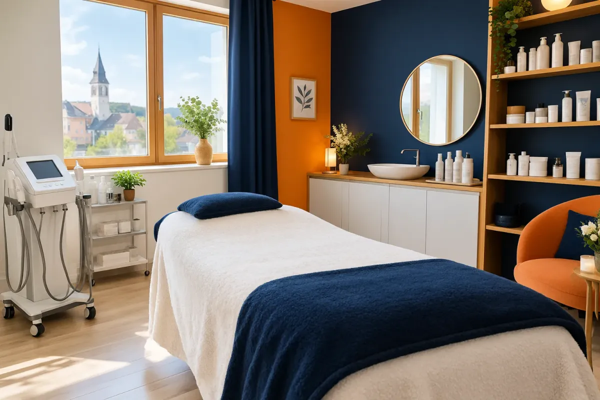 Cabinet de soins avec table, lavabo, étagères et vue urbaine