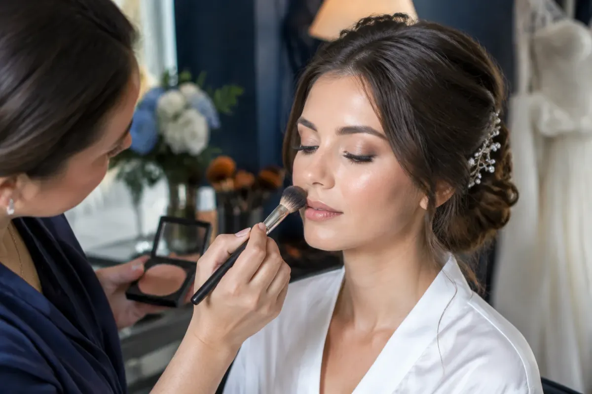 Maquilleuse appliquant du blush à une mariée.