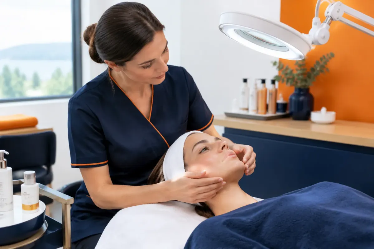 Esthéticienne massant le visage d’une cliente en institut spa