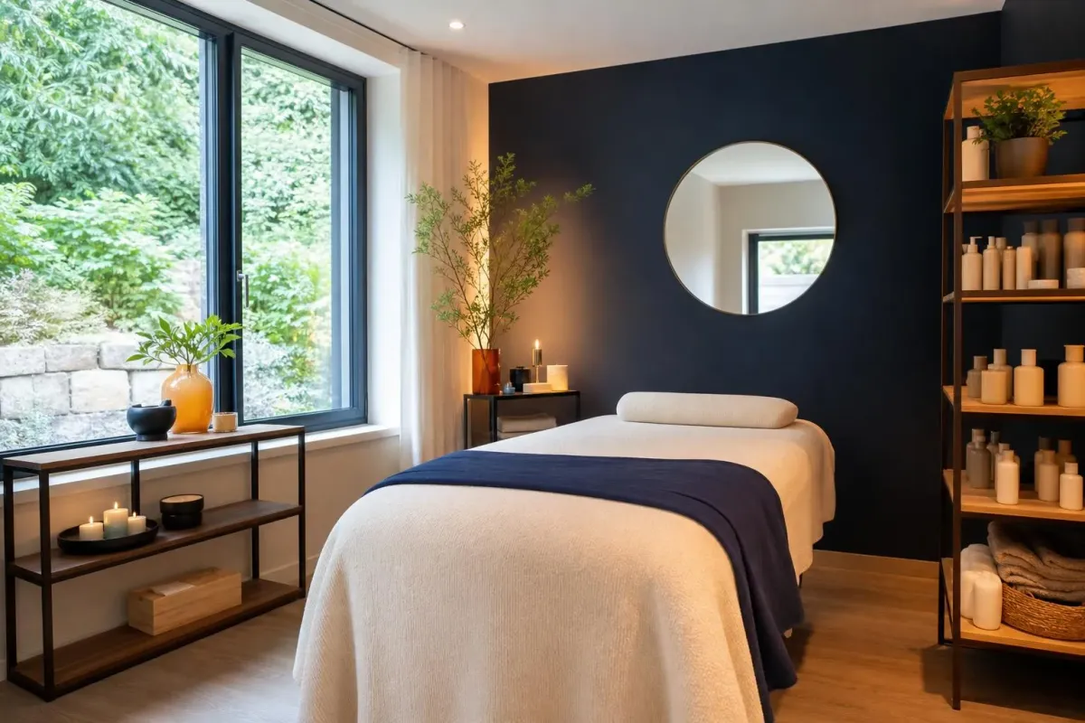 Salle de massage élégante avec mur bleu, bougies et miroir rond