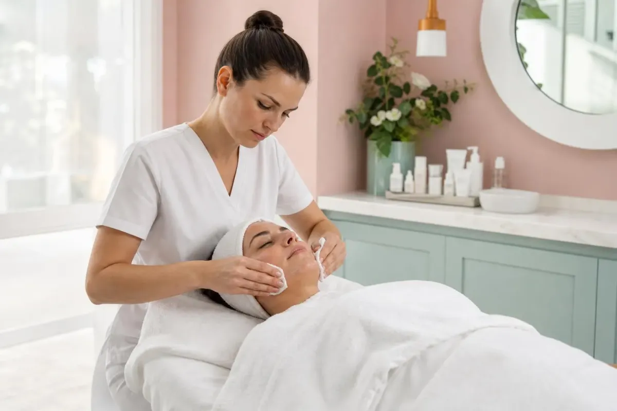 Esthéticienne nettoyant le visage d’une cliente allongée.