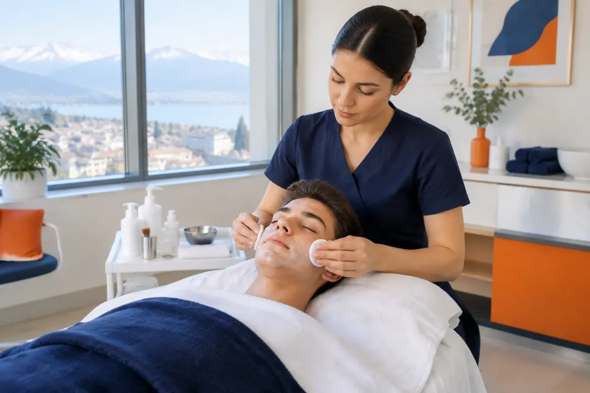Esthéticienne nettoyant le visage d’un homme en institut spa