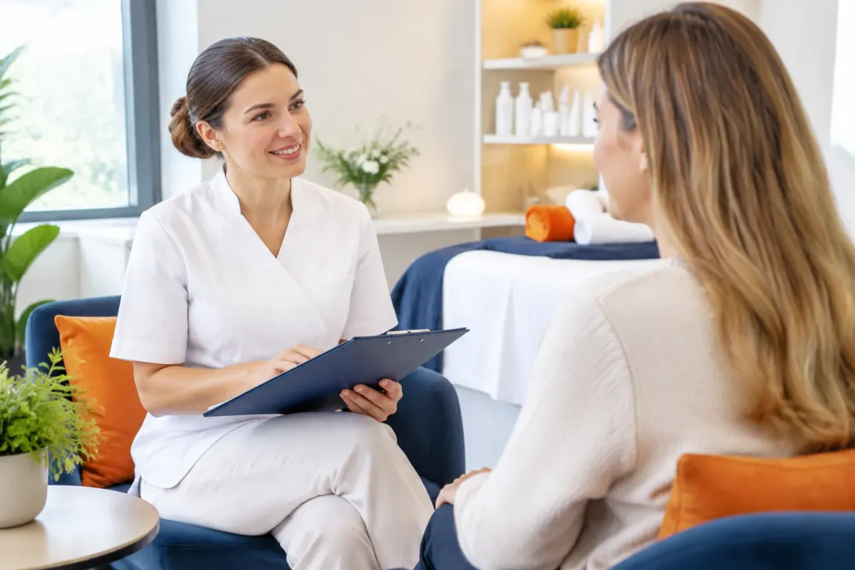 Esthéticienne discutant avec une cliente, clipboard en main, salon lumineux