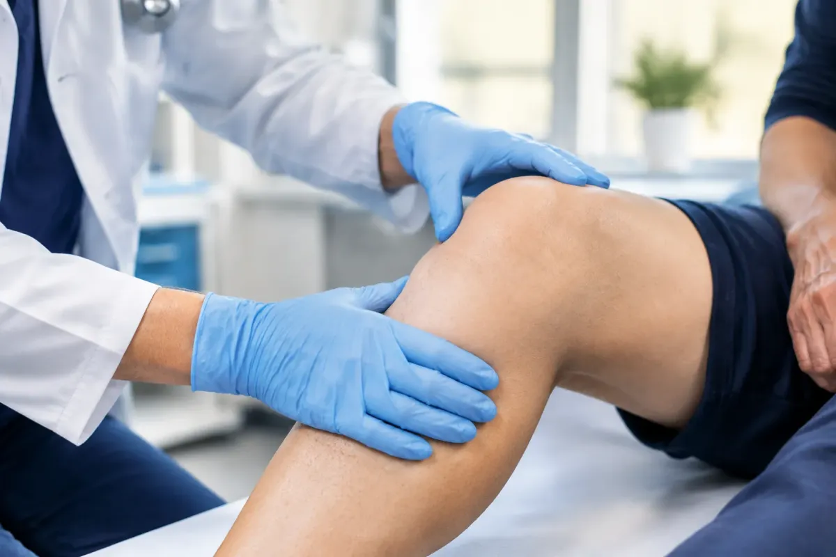 Médecin examinant le genou d’un patient avec des gants bleus