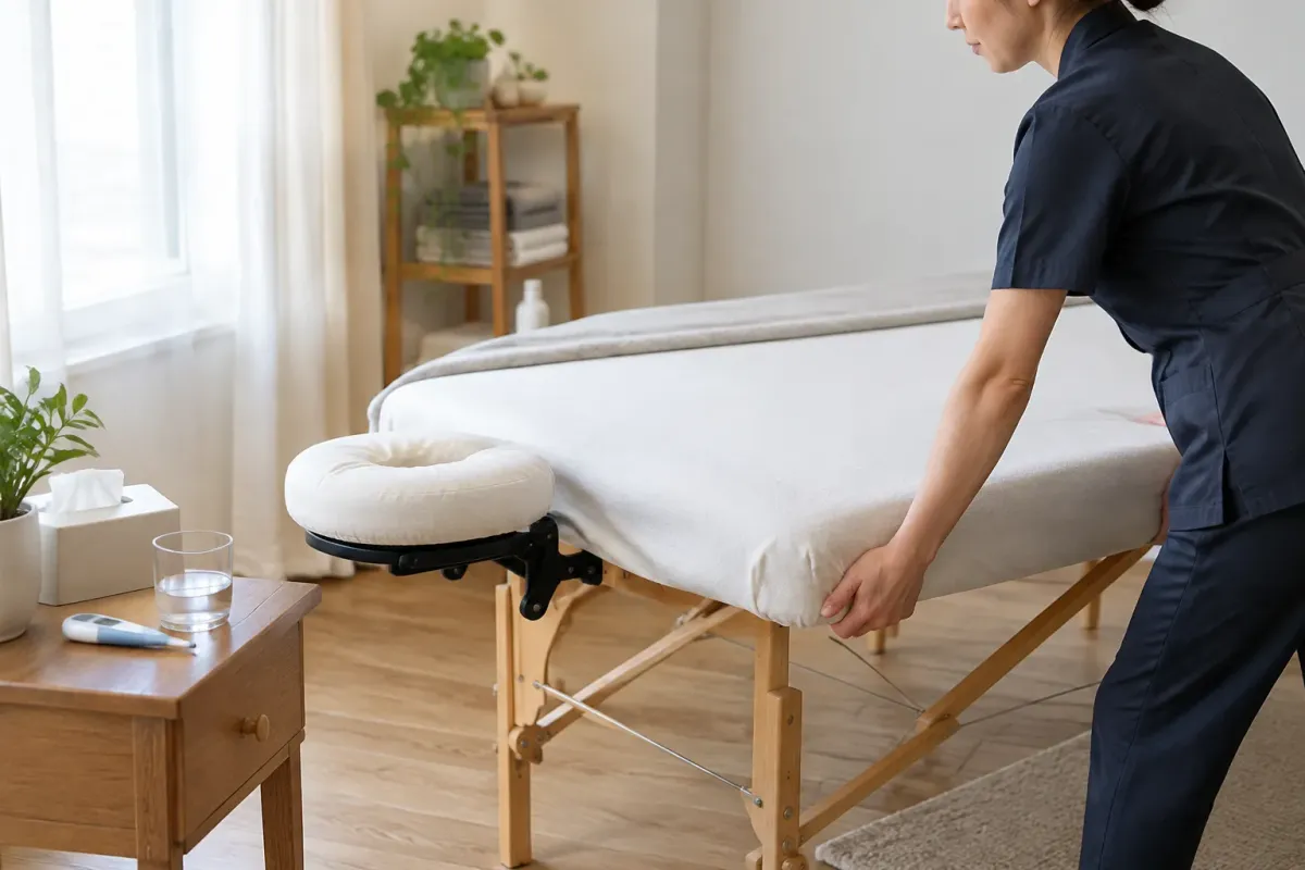 Thérapeute préparant une table de massage à domicile
