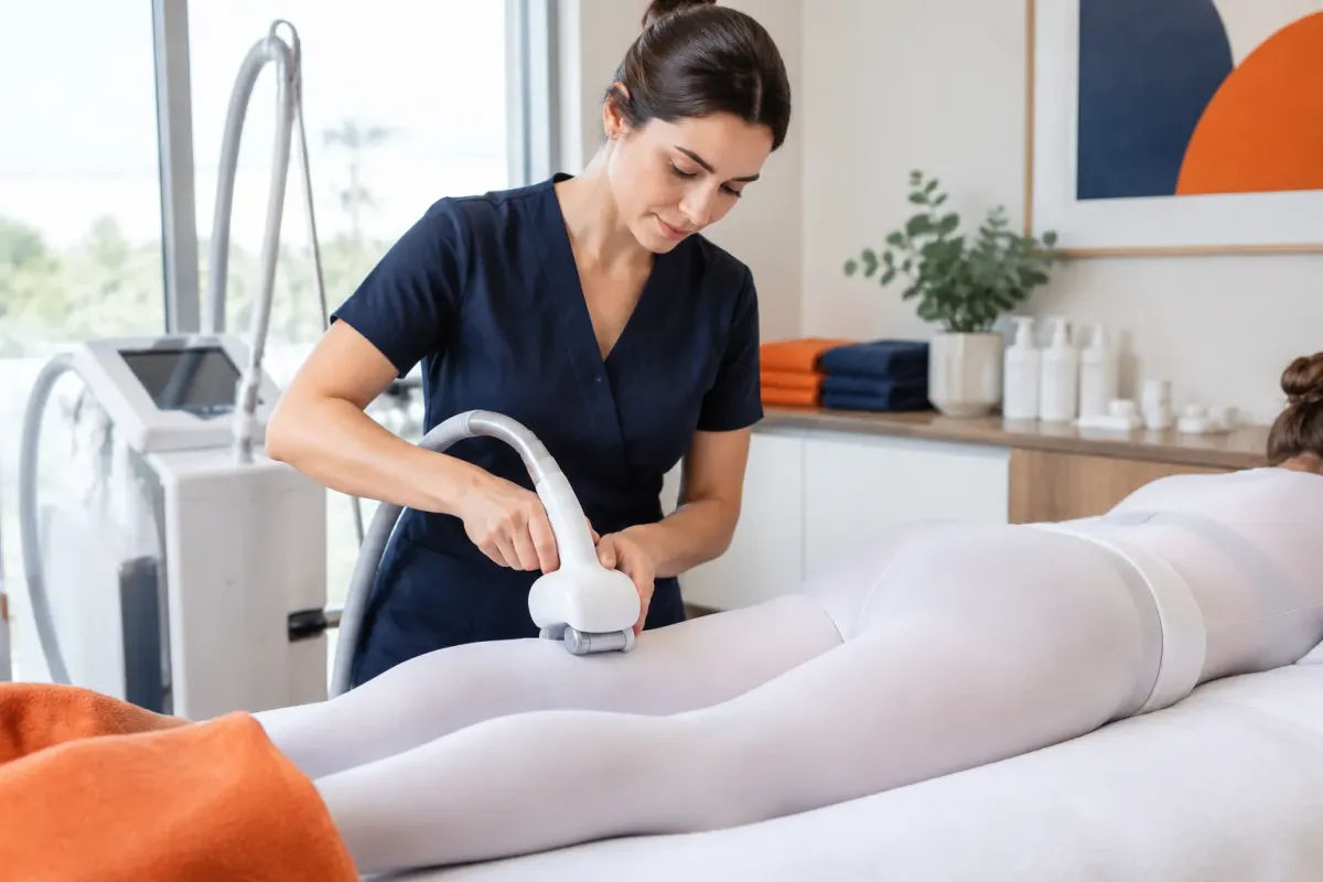 Professionnelle en soins utilise un appareil sur jambes massées.