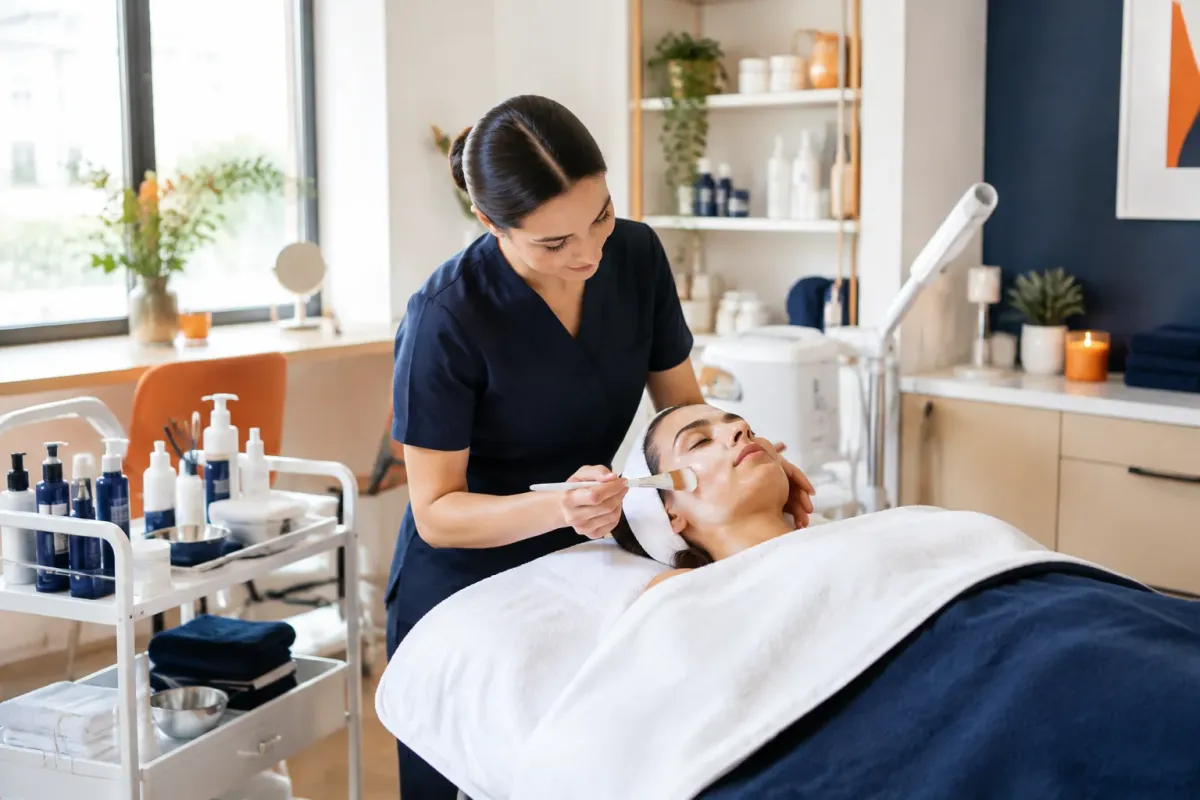 Esthéticienne appliquant un soin facial à une cliente allongée