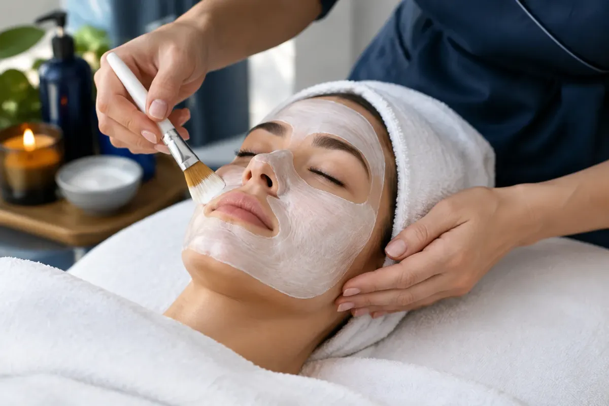 Esthéticienne appliquant un masque facial à une cliente allongée