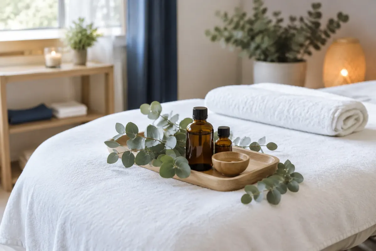 Huiles essentielles et eucalyptus sur lit de spa immaculé