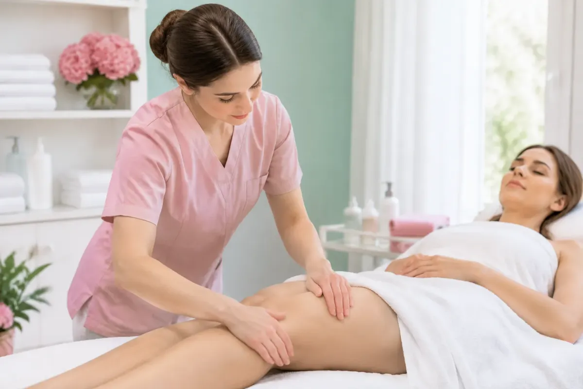 Esthéticienne massant les jambes d’une cliente allongée au spa