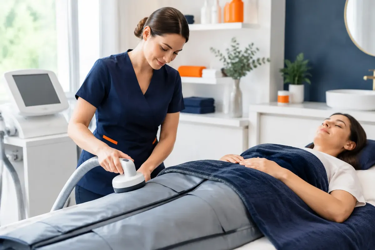 Esthéticienne utilisant un appareil de soin corporel sur une patiente allongée